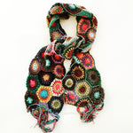 Outerwear,hand crocheted, 100% cotton, multi colored scarf. Made in Nepal. Portion of proceeds supports GlobalDentalRelief.org.  Size: 65 inches long plus 6 inch fringe