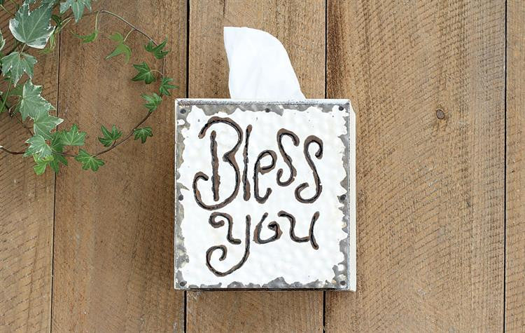 Decor, wood & tin "bless you" tissue box