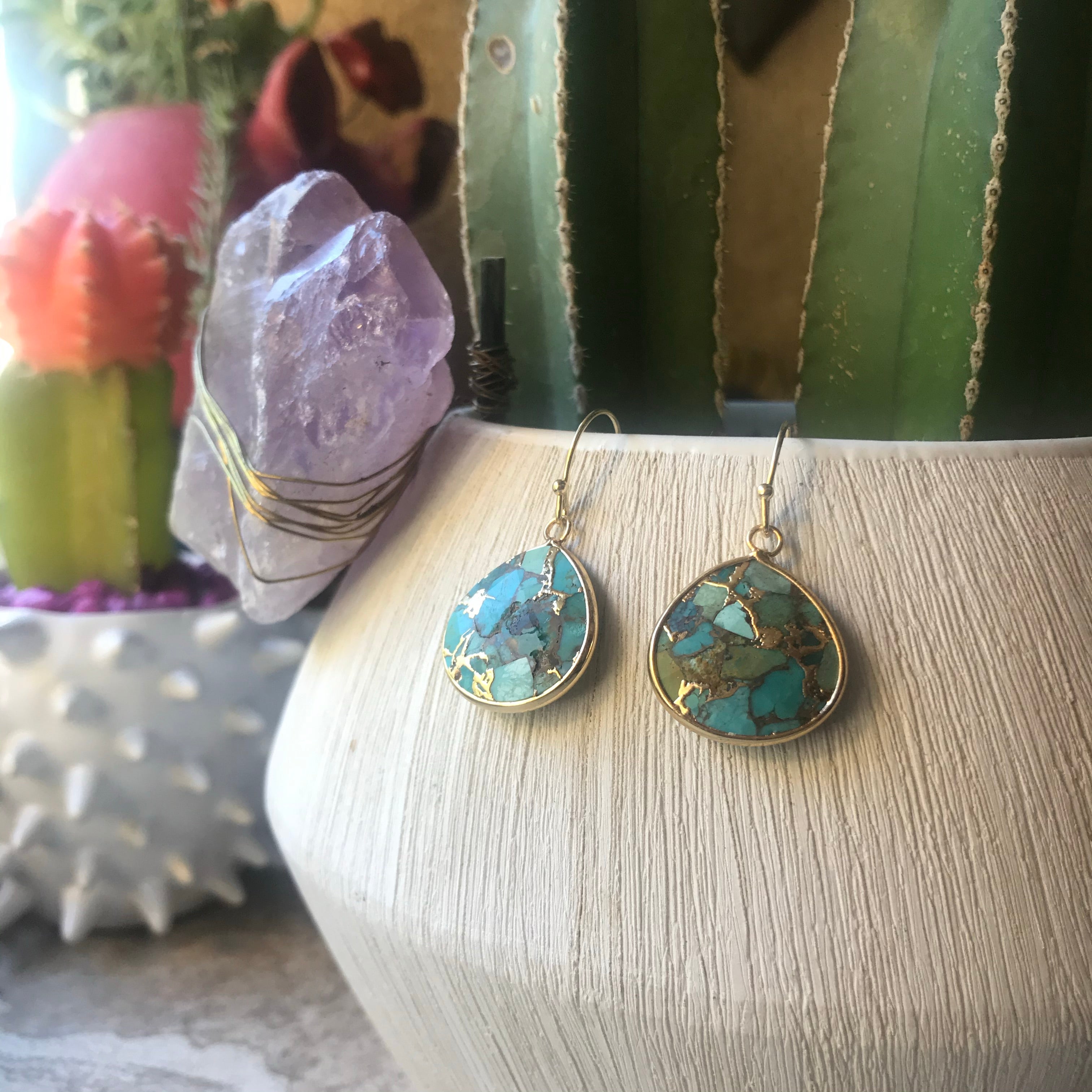 Jewelry, gold filled crushed turquoise earrings